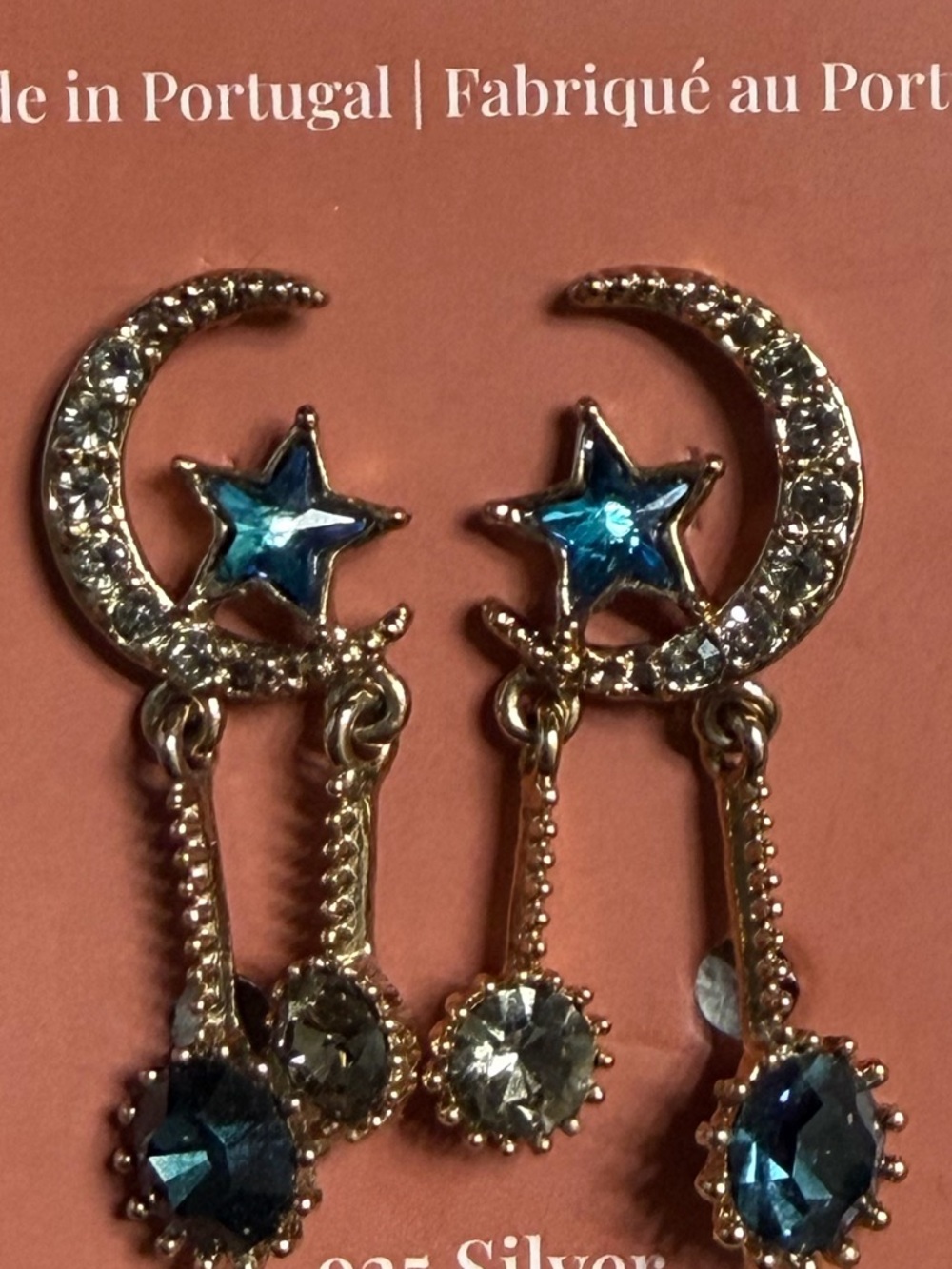 Gold-Tone Crescent Moon & Blue Star Drop Earrings